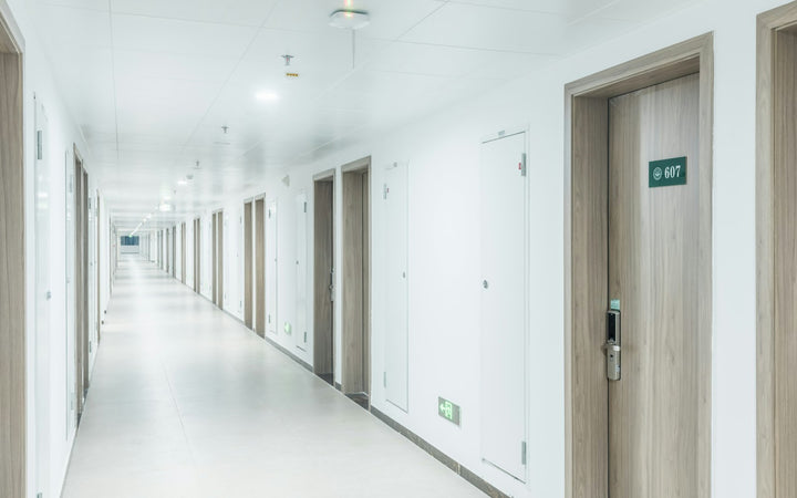Hallway with doors in a residential building