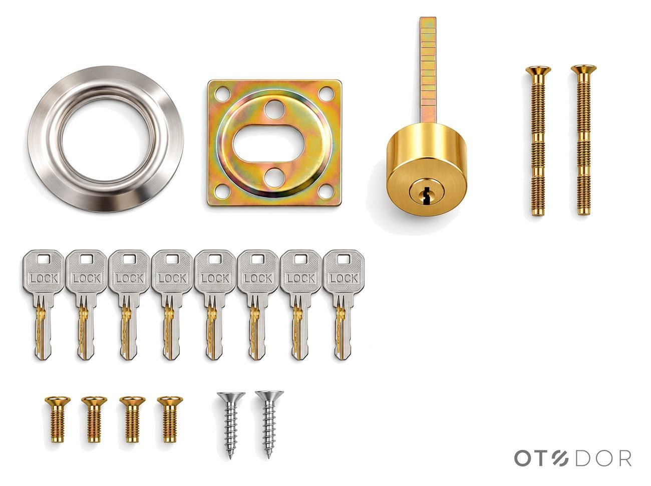 CENTRIO box contents: ring, mounting plate, key cylinder, 8 keys and screws