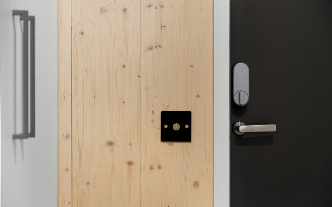 Wooden front door with a black handle