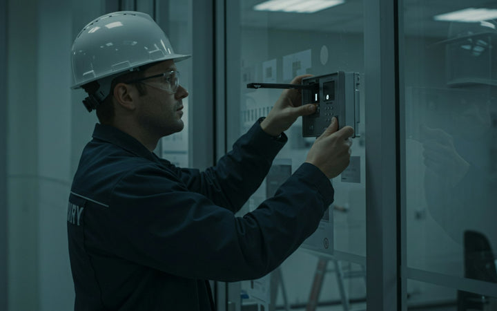 Technician checking a door before installation