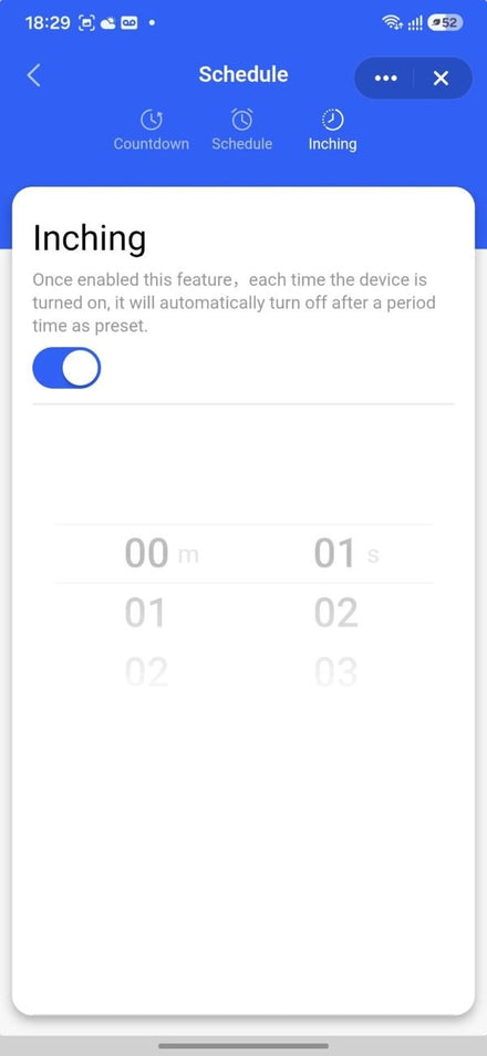 Inching switched on at 1 second