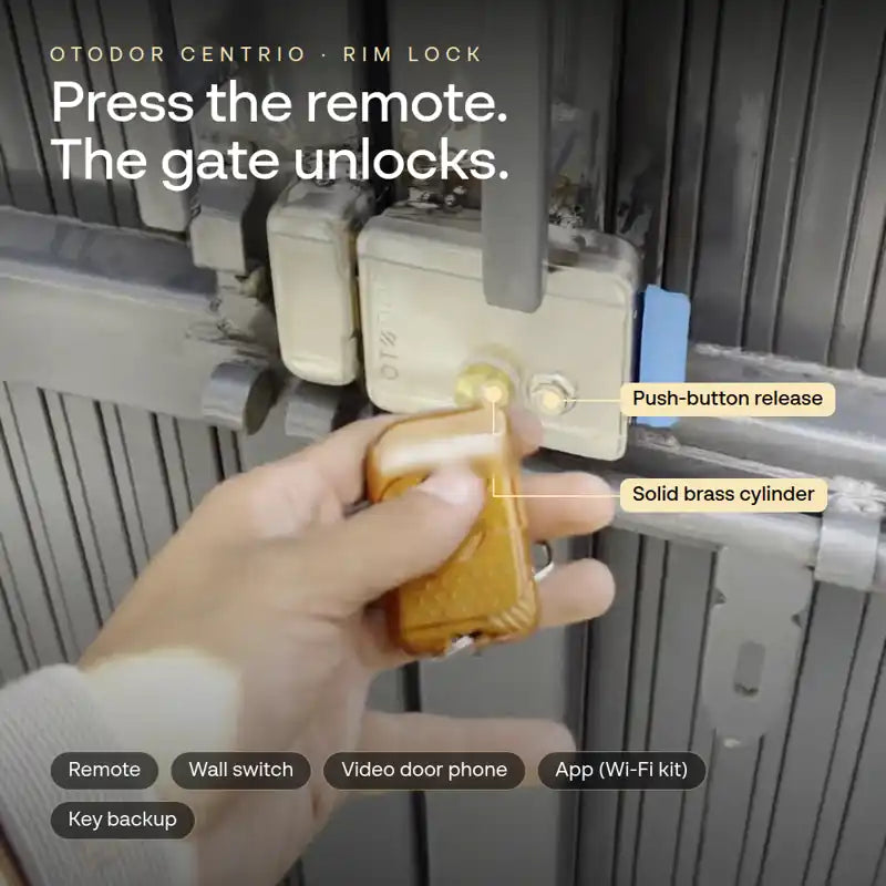 OTODOR CENTRIO electric rim lock for metal gates – opening with remote